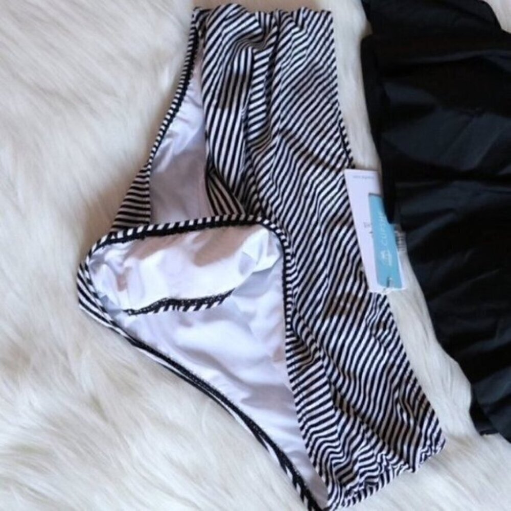 NEW Black White Tankini Bathing Suit Set Size 1X Stripe High Waisted Plus Size - Picture 5 of 8